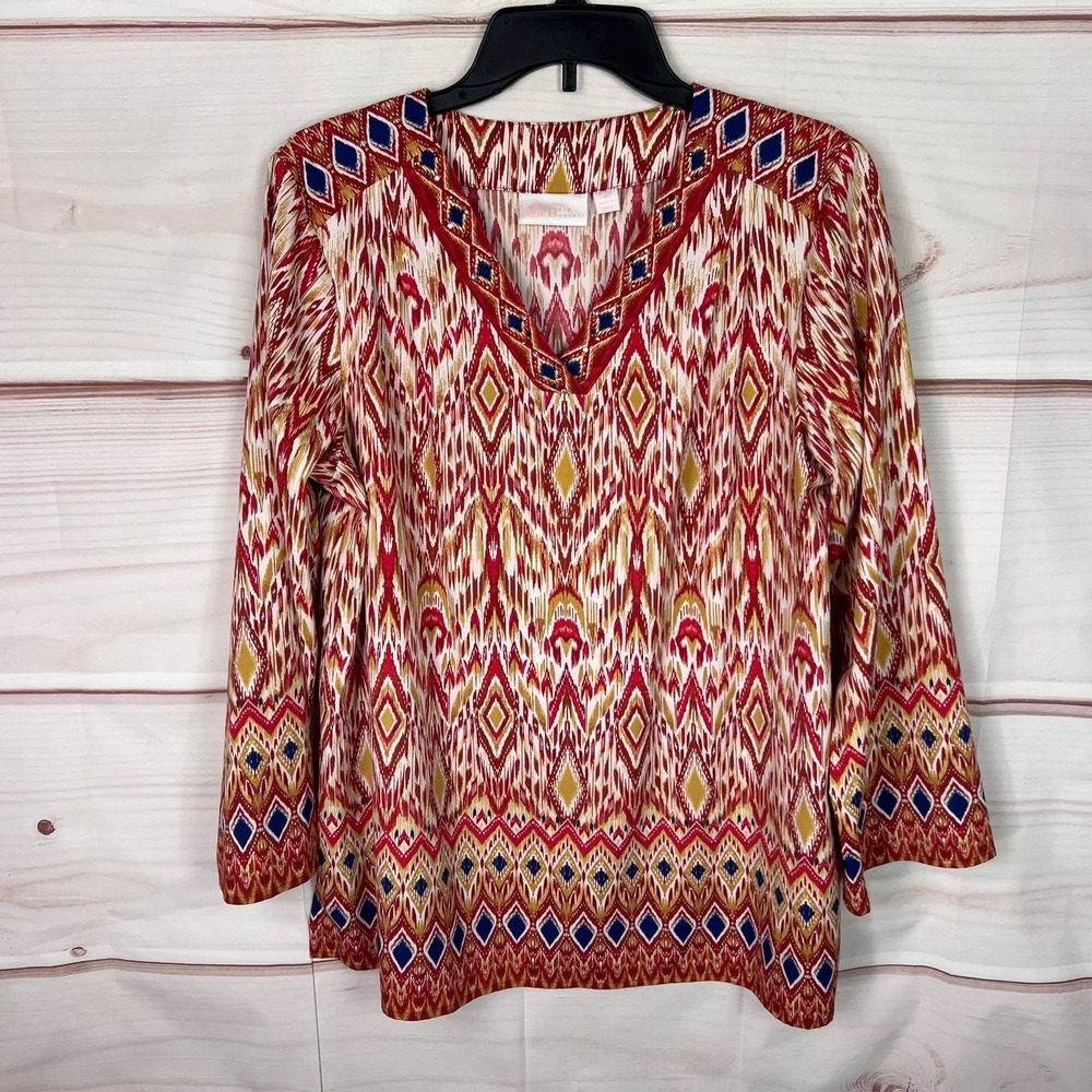 Belle by Kim Gravel Top Womens M Red Ikat Print Stretch V-Neck Blouse Pullover